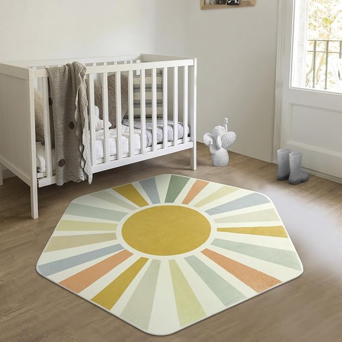 Boho Washable Rug for Kids Room Playroom, 4'x 4'7" Colorful Sun Nursery Rug for Girls Boys, Ultra Soft Non-Slip Sunshine Carpet Small Play Rug for Classroom Reading Corner Dorm - LeafyLoom