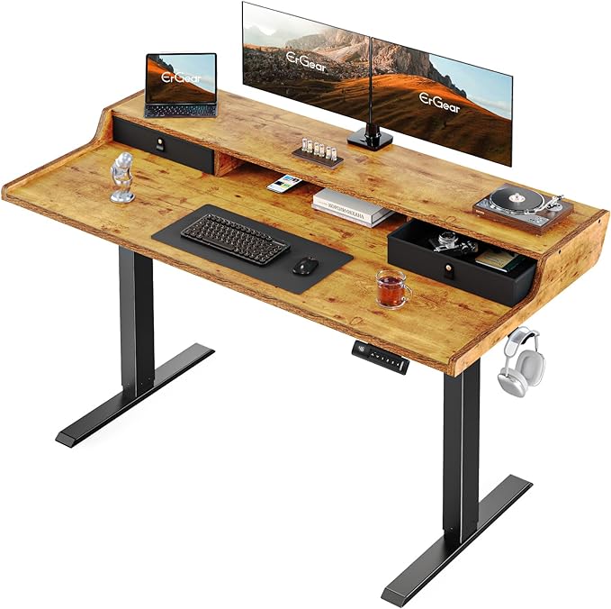 ErGear Electric Standing Desk with Drawers, 55″ x 28″ Gaming Desk with Monitor Stand, C-Clamp Mount Compatible, Home Office Height-Adjustable Desk with Storage Shelf, 4 Preset Heights, Vintage Brown - LeafyLoom