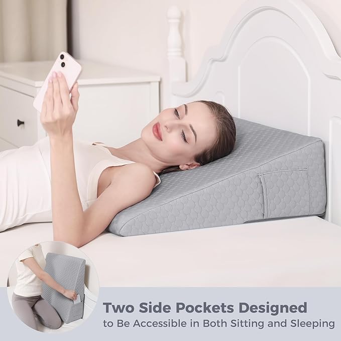Bed Wedge Pillow for Sleeping 7.5" Memory Foam Wedge Pillow for After Surgery Triangle Pillow Wedge for Acid Reflux Snoring Heartburn GERD Back Support Leg Elevation, Removable Washable Cover - Gray - LeafyLoom