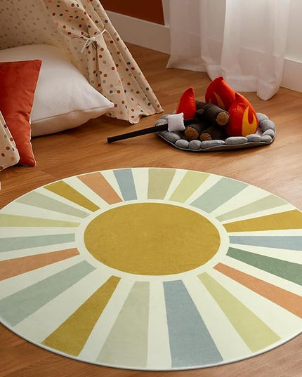 Boho Round Rug 4 Ft Washable Area Rug for Kids Room, Colorful Sun Circle Rug for Playroom, Non-Slip Circular Office Carpet Soft Rainbow Rug for Bedroom Reading Corner Dorm - LeafyLoom