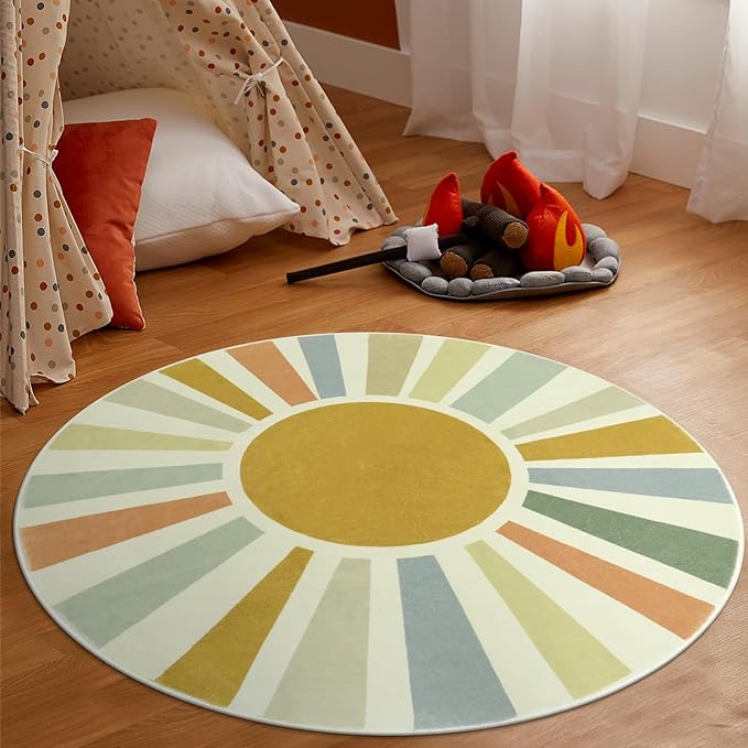 Boho Round Rug 4 Ft Washable Area Rug for Kids Room, Colorful Sun Circle Rug for Playroom, Non-Slip Circular Office Carpet Soft Rainbow Rug for Bedroom Reading Corner Dorm - LeafyLoom