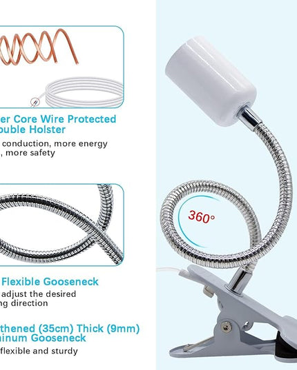 Desk Clip Lamp Holder,Clamp Clip on Light, E26/E27 Book Clamp Light Fixture,Clip Laptop Lamp 360° Flexible Grow Light Holder White 1pc - LeafyLoom