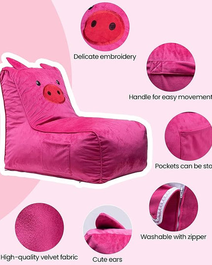 Bean Bag Chair for Kids, Cute Pig L-Shape Animal Bean Bag Sofa with Top Handles and Side Pockets, Cute Soft and Comfy Bean Bag Chair with Filler Included, Ages 1+ Children's Day Gifts - LeafyLoom