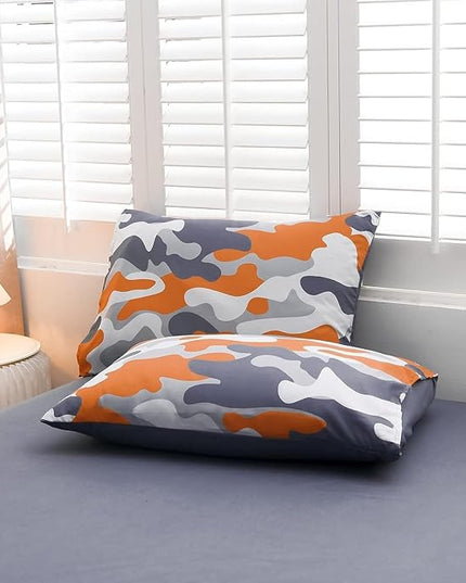 Meeting Story Camouflage Bedding Set, Colorful Pattern Style Comforter Set, 5 PCS One Comforter Two Pillowcases Two Sheets in One Bag, All Season Bedspread for Teens Adults (Orange, Queen 5Pcs) - LeafyLoom