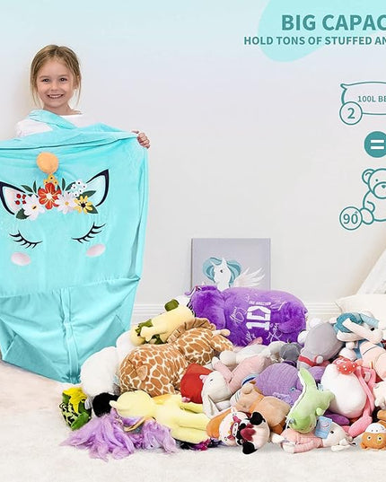 Aubliss Unicorn Stuffed Animal Storage Bean Bag Chair for Kids, Velvet Extra Soft Beanbag Chairs Cover, X-Large Stuffable Zipper Bean Bag for Organizing Plush Toys Girls Bedroom Decor, Cyan Floral - LeafyLoom