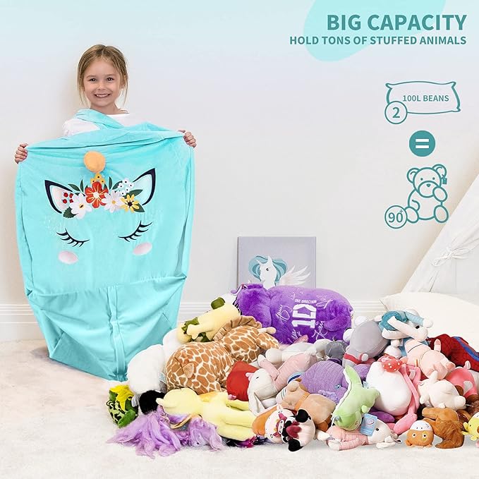 Aubliss Unicorn Stuffed Animal Storage Bean Bag Chair for Kids, Velvet Extra Soft Beanbag Chairs Cover, X-Large Stuffable Zipper Bean Bag for Organizing Plush Toys Girls Bedroom Decor, Cyan Floral - LeafyLoom
