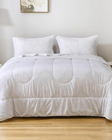 Printed King Bedding Sets with Comforter and Sheets, 7 Piece Bed in A Bag Comforter Set with Fluffy Microfiber, Light Gold Leaf Floral Pattern - LeafyLoom