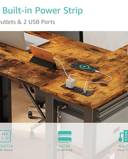 Lufeiya L Shaped Desk with Drawers & Storage Shelves, 47 Inch Corner Computer Desk with Power Outlet for Home Office Bedroom, L-Shaped Gaming PC Desks with Fabric Drawer, Rustic Brown - LeafyLoom