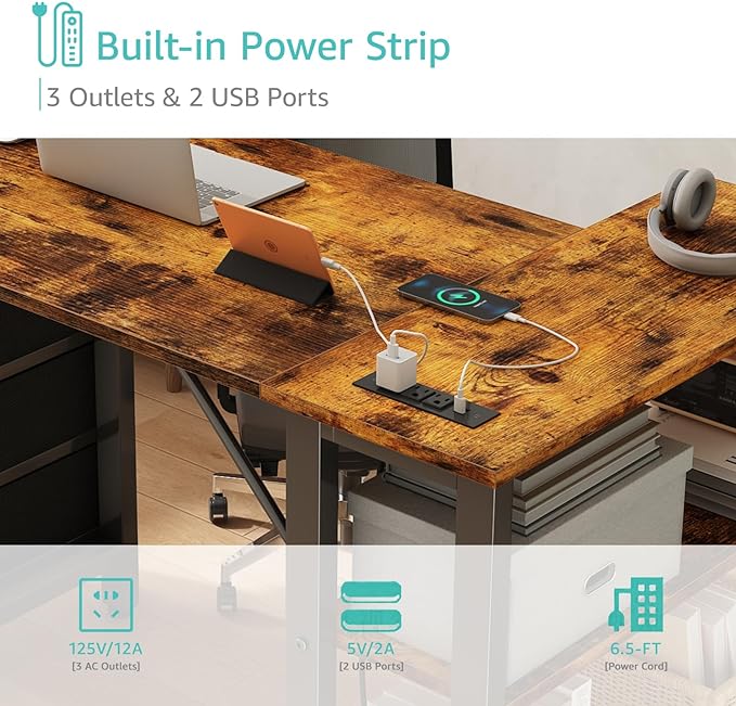 Lufeiya L Shaped Desk with Drawers & Storage Shelves, 47 Inch Corner Computer Desk with Power Outlet for Home Office Bedroom, L-Shaped Gaming PC Desks with Fabric Drawer, Rustic Brown - LeafyLoom