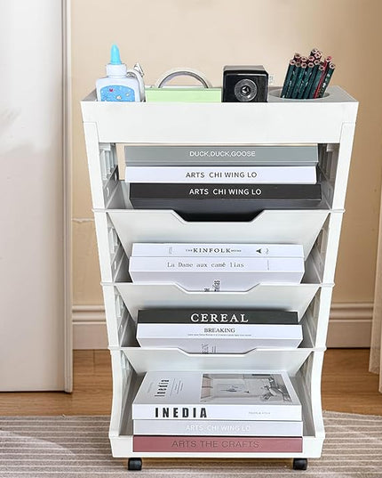5 Tier Rolling Book Utility Cart, Removable Movable Bookshelf Organizer with Wheels, Storage Book Shelves, Book Rack, Mobile White Bookcase for Study in Classroom Home School Office - LeafyLoom