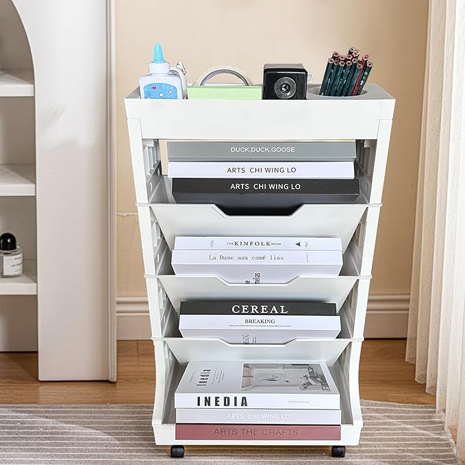 5 Tier Rolling Book Utility Cart, Removable Movable Bookshelf Organizer with Wheels, Storage Book Shelves, Book Rack, Mobile White Bookcase for Study in Classroom Home School Office - LeafyLoom