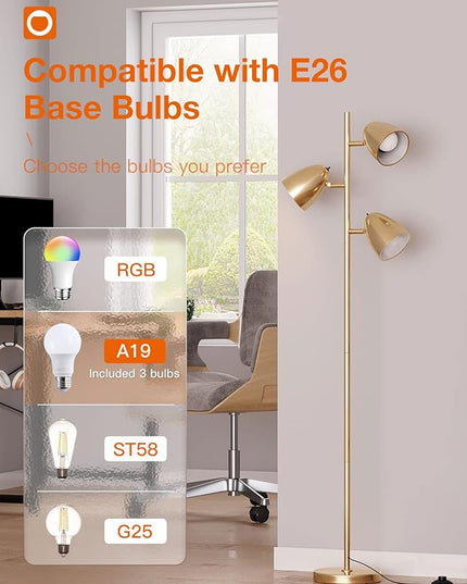 addlon Tree Floor Lamp with 3 Adjustable Rotating Lights and Matching LED Bulbs, Standing Tall Pole Lamps for Living Room, Bedroom, Home, Office - Brass Gold - LeafyLoom