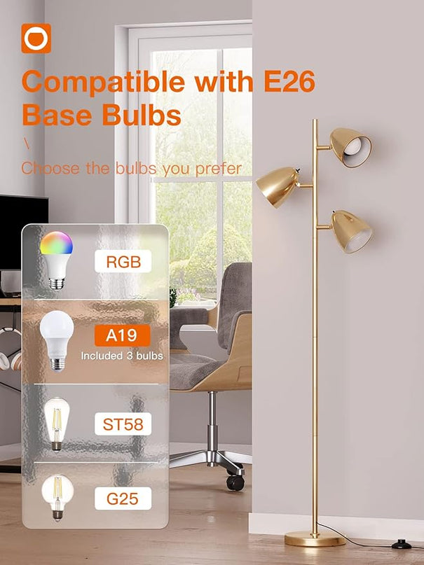 addlon Tree Floor Lamp with 3 Adjustable Rotating Lights and Matching LED Bulbs, Standing Tall Pole Lamps for Living Room, Bedroom, Home, Office - Brass Gold - LeafyLoom