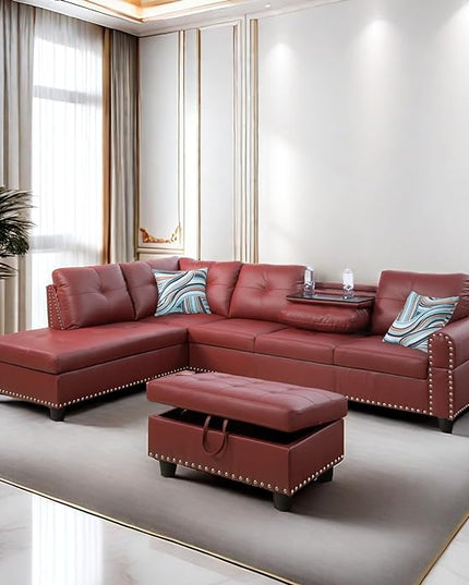 Leather L Shaped Sectional Ottoman Modern Nail-Head Comfy Lounge Modular Sofa with Cup Holder & Chaise for Living Room, Bedroom, Office, L Couch Red - LeafyLoom