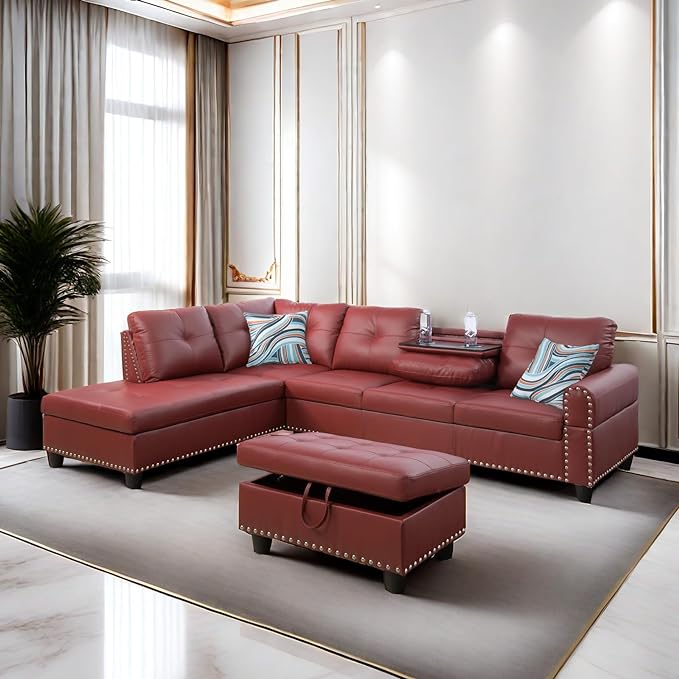 Leather L Shaped Sectional Ottoman Modern Nail-Head Comfy Lounge Modular Sofa with Cup Holder & Chaise for Living Room, Bedroom, Office, L Couch Red - LeafyLoom