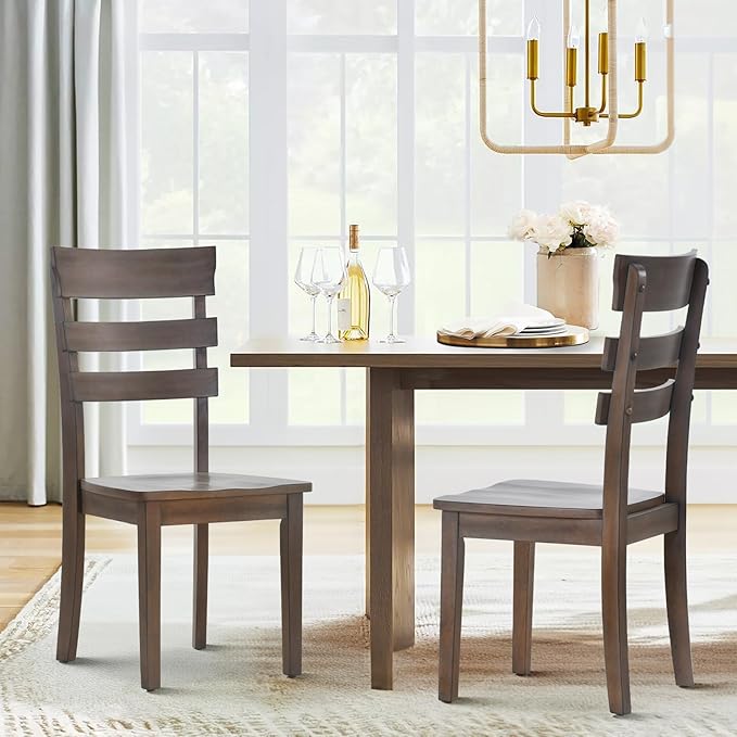 COLAMY Wooden Dining Chairs Set of 6, Ladder High Back Kitchen Side Chair, Farmhouse Armless Dining Room Chairs with Adjustable Foot Pegs, Light Brown - LeafyLoom