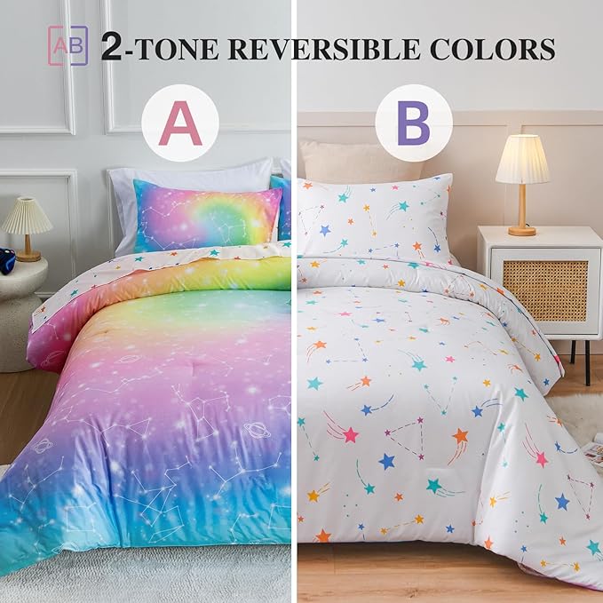 Btargot 6 Piece Tie Dye Constellation Comforter Set Bed in A Bag, Galaxy Rainbow Stars Pattern Bedding Set for Boys Girls Teen, Queen Multi - LeafyLoom