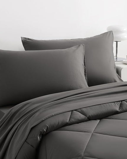 NTBAY Twin Comforter Set with Sheets, 5 Pieces Soft and Breathable Twin Bedding Set, Twin Bed in a Bag, Down Alternative Comforter Set Solid Color All Season, Kids Bedding Set, Dark Grey - LeafyLoom