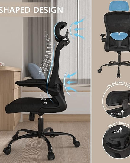 Office Chair, High Back Ergonomic Desk Chair, Breathable Mesh Desk Chair with Adjustable Lumbar Support and Headrest, Swivel Task Chair with flip-up Armrests, Executive Chair for Home Office - LeafyLoom