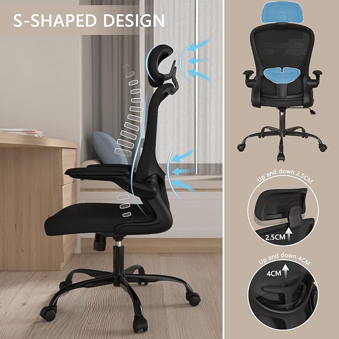 Office Chair, High Back Ergonomic Desk Chair, Breathable Mesh Desk Chair with Adjustable Lumbar Support and Headrest, Swivel Task Chair with flip-up Armrests, Executive Chair for Home Office - LeafyLoom