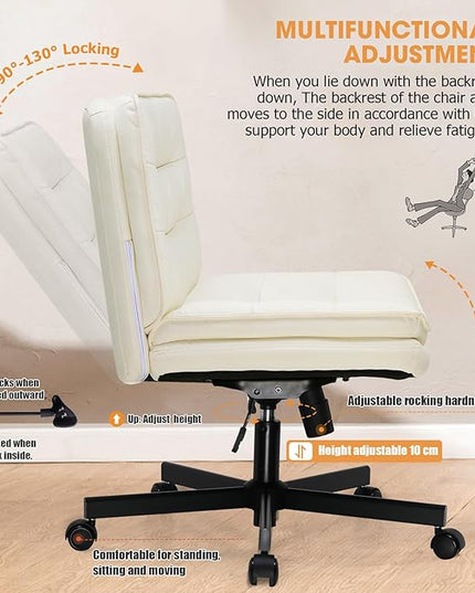 COMHOMA Criss Cross Chair with Wheels, Armless Wide Cross Legged Office Chair Mid Back, Modern Home Office Desk Chair Swivel Adjustable Vanity Computer Chair, Beige - LeafyLoom