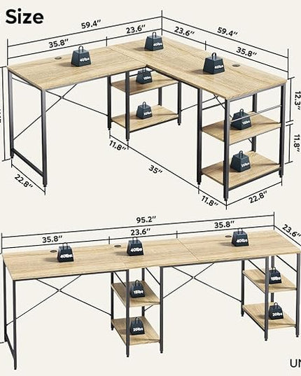 Bestier 95.2” L Shaped Desk, Reversible Corner Computer Desk or 2 Person Long Table with Adjustable Shelves, Large Writing Study Workstation with 3 Cable Holes - Oak - LeafyLoom