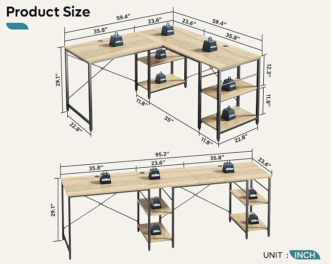 Bestier 95.2” L Shaped Desk, Reversible Corner Computer Desk or 2 Person Long Table with Adjustable Shelves, Large Writing Study Workstation with 3 Cable Holes - Oak - LeafyLoom
