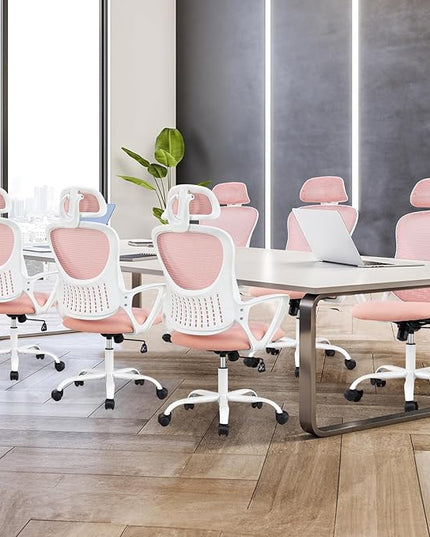 Sweetcrispy Office Computer Desk Chair, Ergonomic High-Back Mesh Rolling Work Chairs with Wheels and Adjustable Headrests, Comfortable Lumbar Support, Comfy Armrest for Home, Bedroom, Study, Pink - LeafyLoom