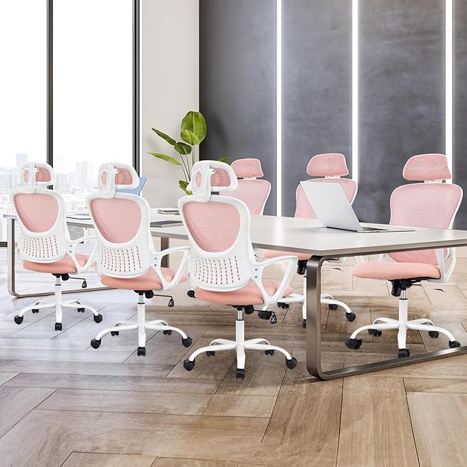 Sweetcrispy Office Computer Desk Chair, Ergonomic High-Back Mesh Rolling Work Chairs with Wheels and Adjustable Headrests, Comfortable Lumbar Support, Comfy Armrest for Home, Bedroom, Study, Pink - LeafyLoom