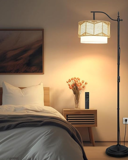 Frideko Boho Floor Lamp with Remote Control & Dimmable LED Bulb, Rattan Standing Lamp with 3 Color Temperatures, Bright Farmhouse Floor Light, Rustic Corner Floor Lamp, Tall Floor Lamp for Living Room - LeafyLoom