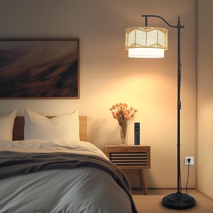 Frideko Boho Floor Lamp with Remote Control & Dimmable LED Bulb, Rattan Standing Lamp with 3 Color Temperatures, Bright Farmhouse Floor Light, Rustic Corner Floor Lamp, Tall Floor Lamp for Living Room - LeafyLoom