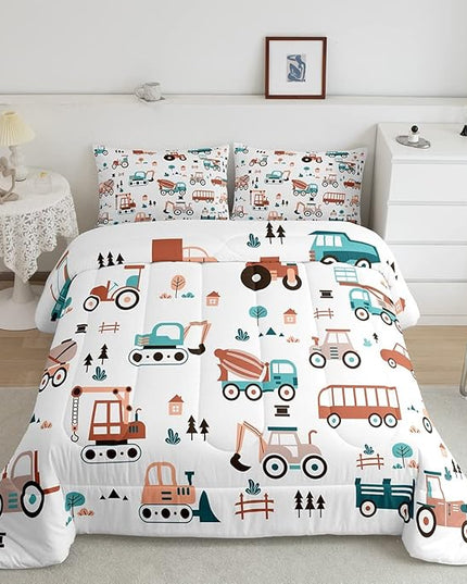 Feelyou Boys Cartoon Car Comforter Set, Kids Construction Cars Trucks Comforter for Children Cartoon Botanical Truck Bedding Set Cute Cars Quilt Set with 1 Pillowcase 2Pcs Bedding Twin - LeafyLoom