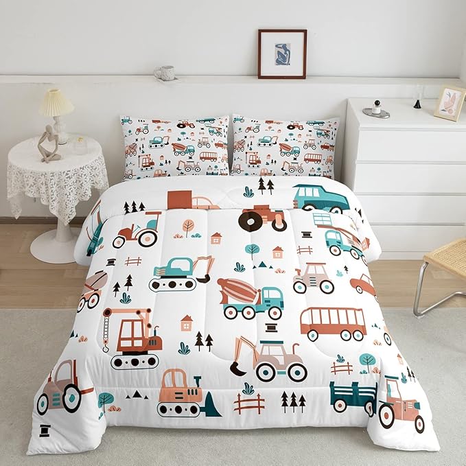 Boys Cartoon Car Comforter Set, Kids Construction Cars Trucks Comforter for Cartoon Botanical Truck Bedding Set Cute Cars Quilt with 2 Pillowcases 3Pcs Bedding Full Boys - LeafyLoom