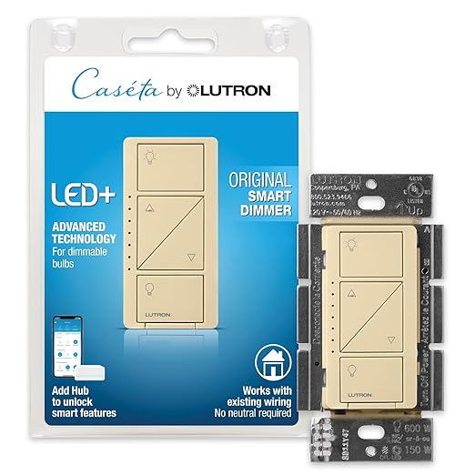 Lutron Caseta Original Smart Dimmer Switch (Lutron Smart Hub Required), for LED Lights, 150 Watt, Single-Pole/3-Way, No Neutral Required, PD-6WCL-IV, Ivory Lutron
