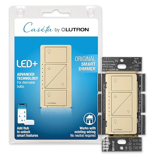 Lutron Caseta Original Smart Dimmer Switch (Lutron Smart Hub Required), for LED Lights, 150 Watt, Single-Pole/3-Way, No Neutral Required, PD-6WCL-IV 6-PACK, Ivory, 6 Pack Lutron