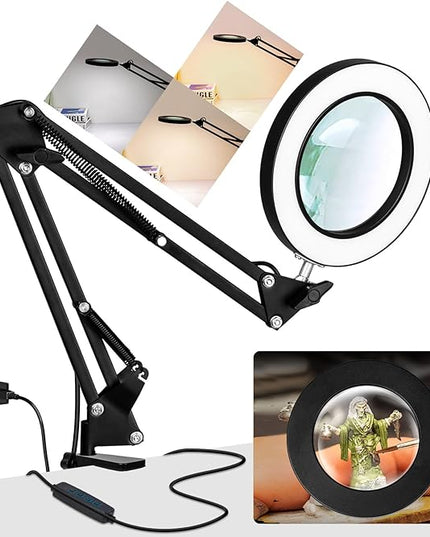 10X Magnifying Glass with Light, KUVRS 1,800 Lumen 3 Color Stepless Dimming, 4.2 Inch Real Glass Lens LED Lighted Magnifier, Adjustable Swing Arm with Clamp Desk Lamp for Craft Repair Crochet Puzzles - LeafyLoom