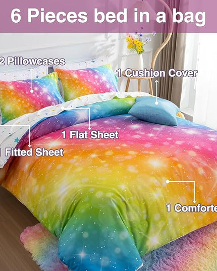 A Nice Night 6Pcs Gradient Glitter Bedding Set for Girls, Colorful Rainbow Galaxy Comforter Set, Ultra Soft Bedding Sets (Multi,Queen 6Pcs) - LeafyLoom