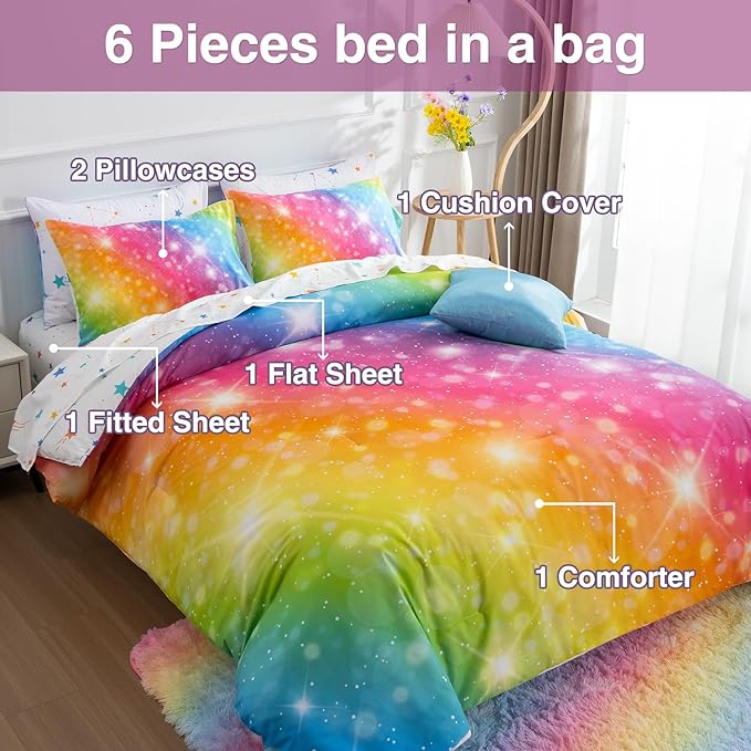 A Nice Night 6Pcs Gradient Glitter Bedding Set for Girls, Colorful Rainbow Galaxy Comforter Set, Ultra Soft Bedding Sets (Multi,Twin 6Pcs) - LeafyLoom