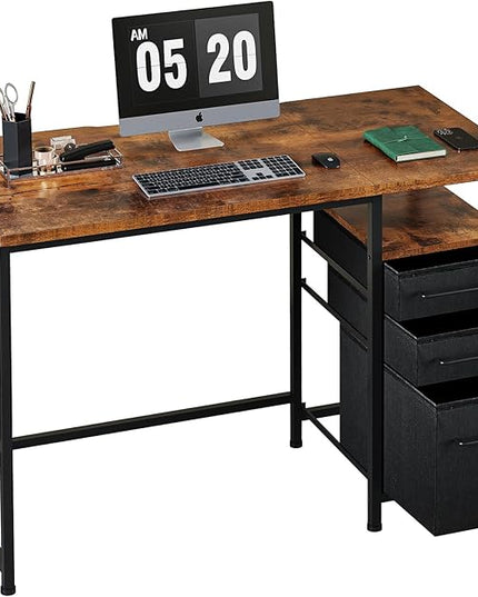 Ｍａｉｈａｉｌ Maihail Small Desk with Drawers, 40 inch Computer Desk with Shelves, Writing Desk with Storage, Small Office Desk with Metal Frame, Rustic Brown - LeafyLoom