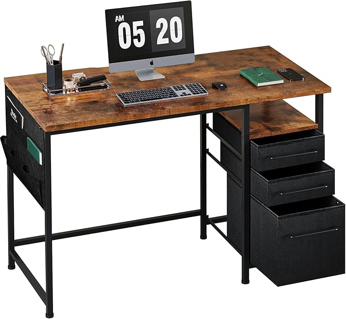 Ｍａｉｈａｉｌ Maihail Small Desk with Drawers, 40 inch Computer Desk with Shelves, Writing Desk with Storage, Small Office Desk with Metal Frame, Rustic Brown - LeafyLoom