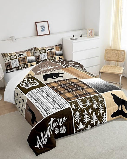 Rustic Farmhouse Kids Comforter Set Twin Size,Deer Antlers Bear Paws Plaids Patchwork Bedding Set for Boys Girls Adults Room Decor,Pine Trees Xmas Down Comforter,Brown Duvet Insert,1 Pillowcase - LeafyLoom
