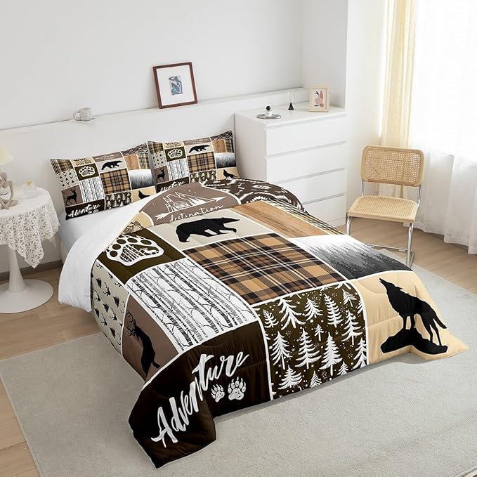 Rustic Farmhouse Kids Comforter Set Twin Size,Deer Antlers Bear Paws Plaids Patchwork Bedding Set for Boys Girls Adults Room Decor,Pine Trees Xmas Down Comforter,Brown Duvet Insert,1 Pillowcase - LeafyLoom