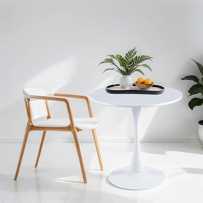White Round Table Modern Dining Table, 24" Tulip Table Kitchen Table Small Dining Table for 2 People Coffee Table - LeafyLoom