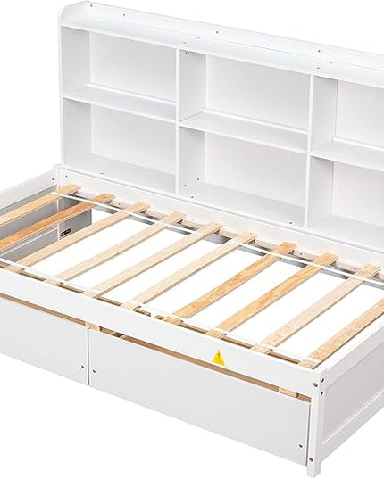Twin Size Platform 2 Storage Drawers and Side Bookcase, Solid Wood Day Captain, Ideal Bed Frame for Bedroom, Living Room, White - LeafyLoom