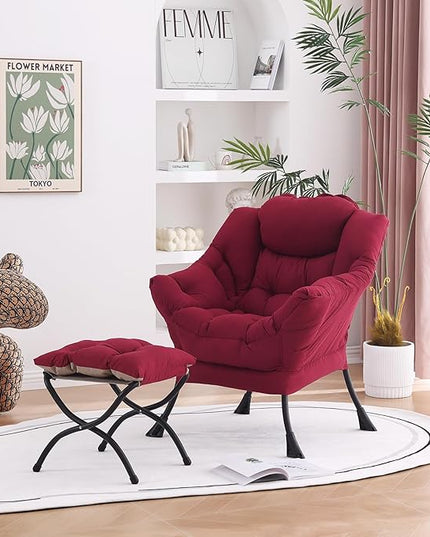 Welnow Lazy Chair with Ottoman, Modern Lounge Accent Chair with Armrests and a Side Pocket, Leisure Upholstered Sofa Chair Set, Reading Chair with Footrest for Small Space, Burgundy - LeafyLoom
