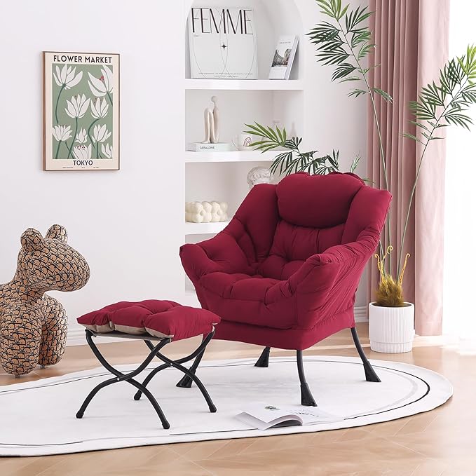 Welnow Lazy Chair with Ottoman, Modern Lounge Accent Chair with Armrests and a Side Pocket, Leisure Upholstered Sofa Chair Set, Reading Chair with Footrest for Small Space, Burgundy - LeafyLoom