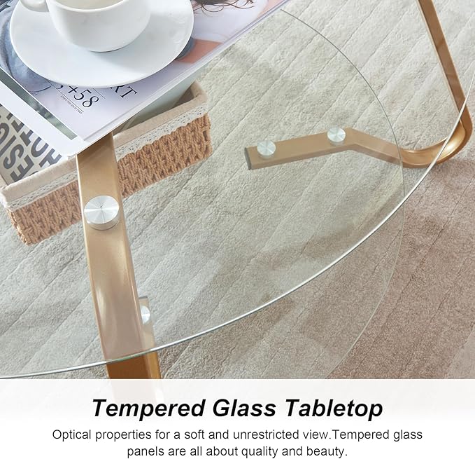HOMBAZAAR Glass Coffee Table, Modern Coffee Table with Metal Frame and Tempered Glass Tabletop, 2-Tier Round Center Table for Living Room, Meeting Room, Gold - LeafyLoom