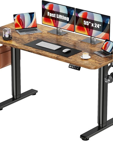 Electric Standing Desk Adjustable Height Stand Up Desk, 55" x 24" Sit Stand Desk, Low Noise Home Office Desk, Computer Desk with Splice Board, Child Lock & Memory Function, Rustic Brown - LeafyLoom