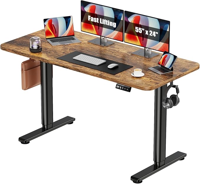 Electric Standing Desk Adjustable Height Stand Up Desk, 55" x 24" Sit Stand Desk, Low Noise Home Office Desk, Computer Desk with Splice Board, Child Lock & Memory Function, Rustic Brown - LeafyLoom