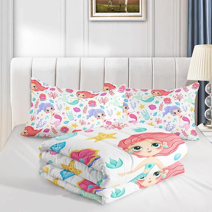Mermaid Comforter Set Queen Size Fairy Tale Sea Shell Grass Bedding Set Starfish Quilt Bed Set for Kid Girls with 1 Comforter and 2 Pillowcases - LeafyLoom
